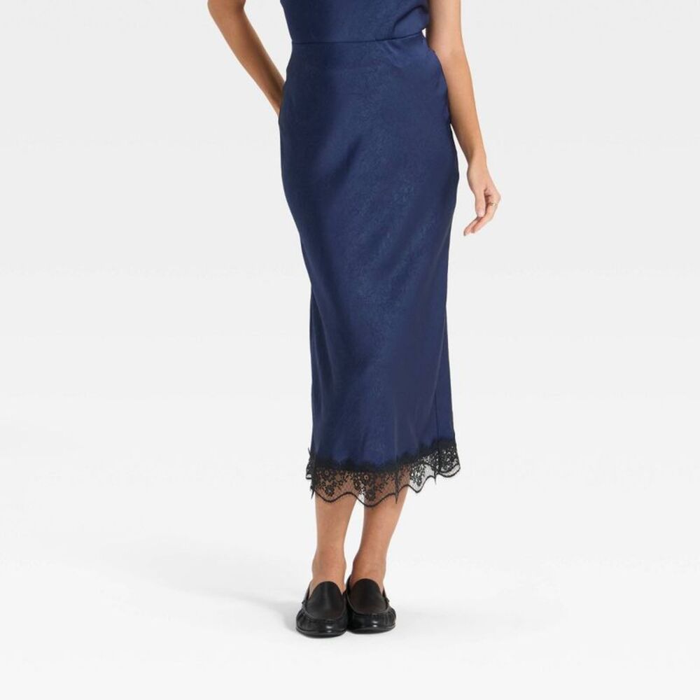 Women's Lace Trim Midi Skirt - A New Day Navy Blue S
